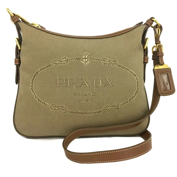 PRADA JACQUARD LOGO CANVAS BEIGE LEATHER SHOULDER BAG/R3364 - Picture 2 of 15
